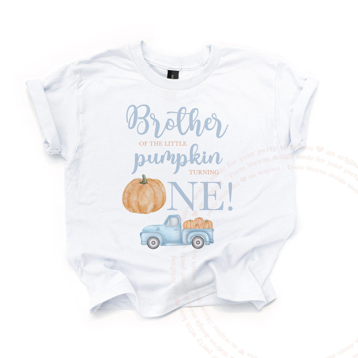 White Brother of the Little Pumpkin kids tee laid flat, with the orange pumpkin and pale blue truck.