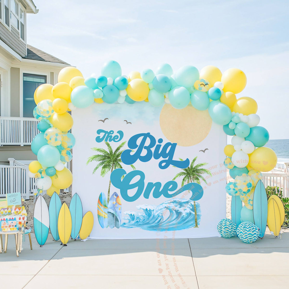 Blue The Big One surf backdrop on a porch with yellow and aqua balloons.