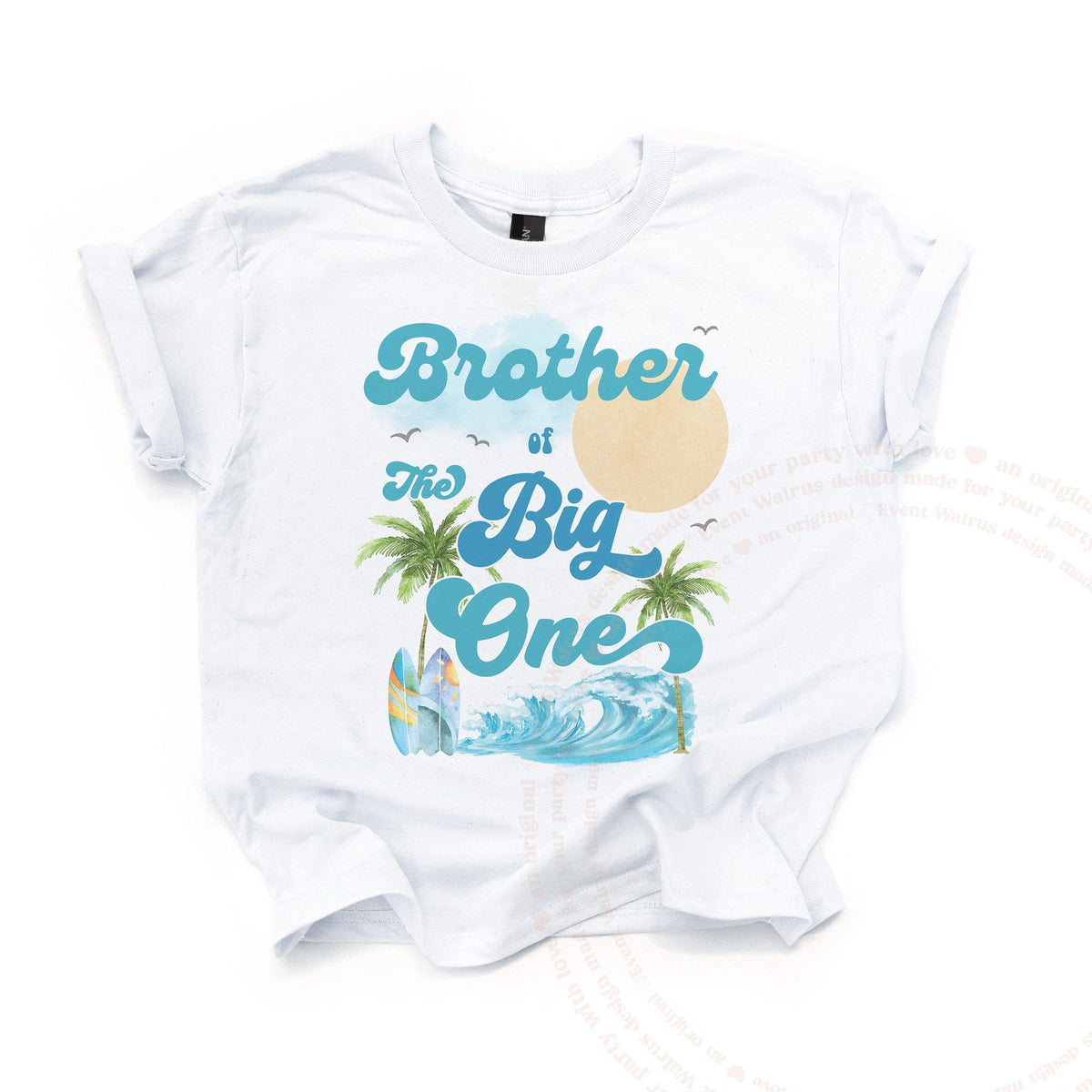 White kids Brother of The Big One tee with palm trees and a wave, laid flat.