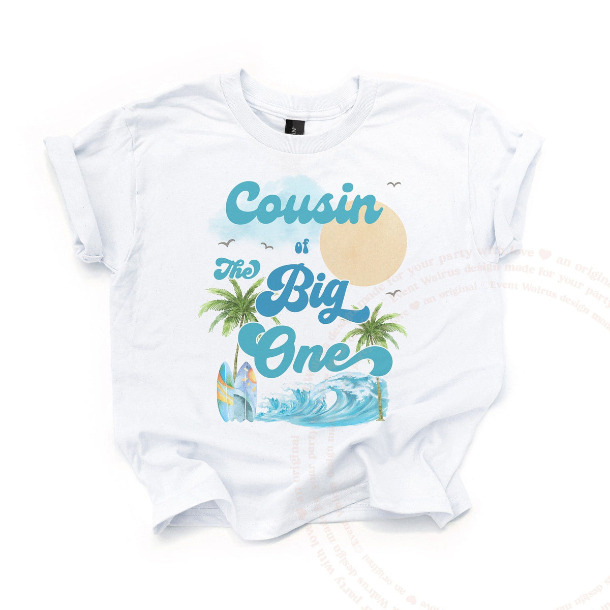 White kids Cousin of The Big One tee with a sun, palms and surfboards.