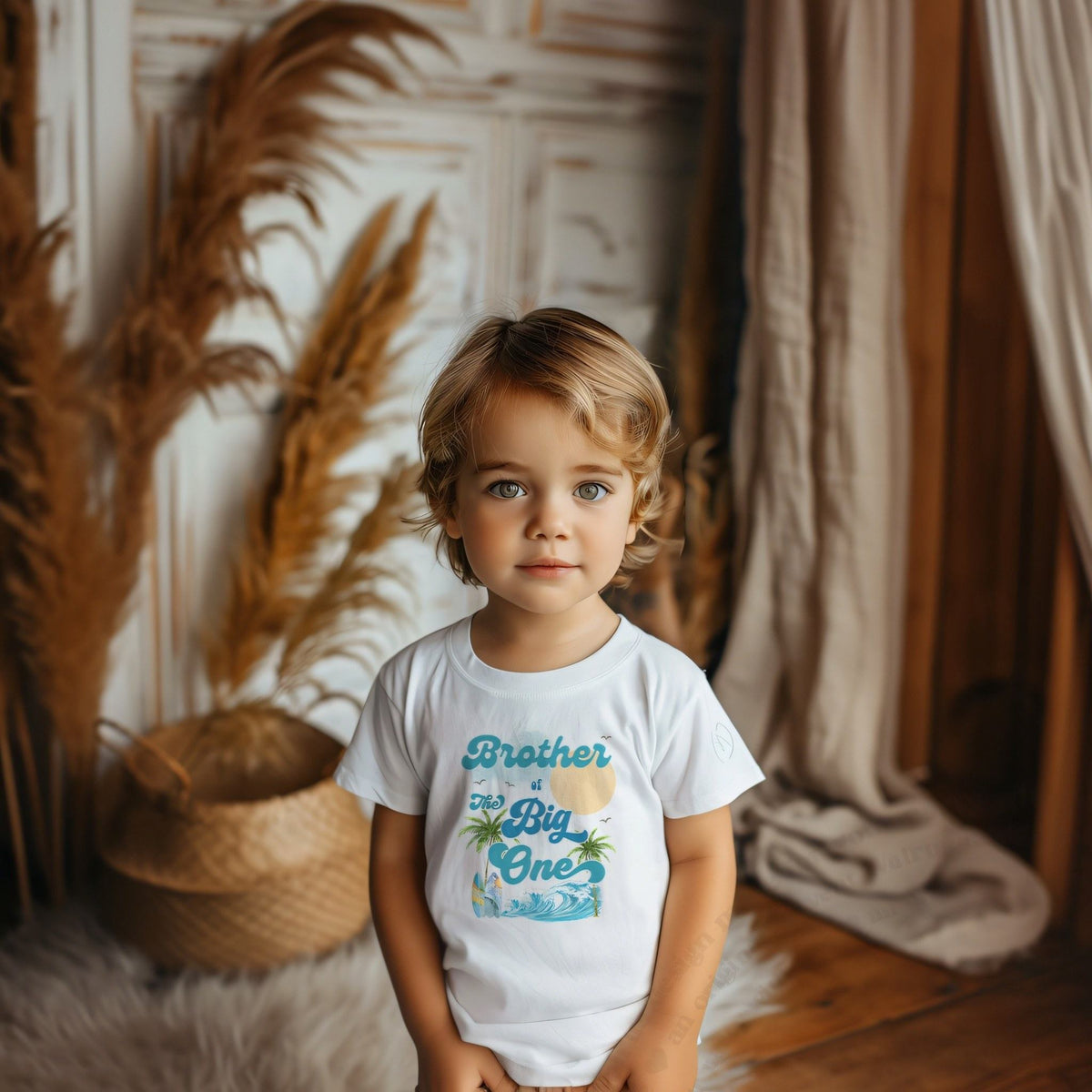 Little boy in a white Brother of The Big One palm tree shirt.