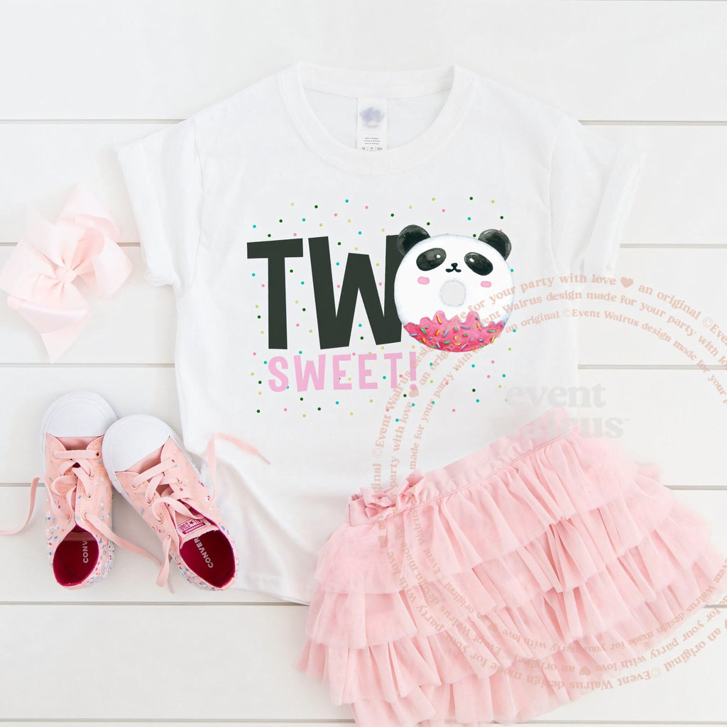 White Two Sweet panda toddler tee laid flat with a pink tutu and sneakers.