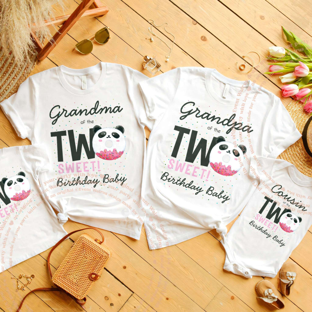 Grandma, Grandpa and the family's panda Two Sweet shirts laid out with tulips.
