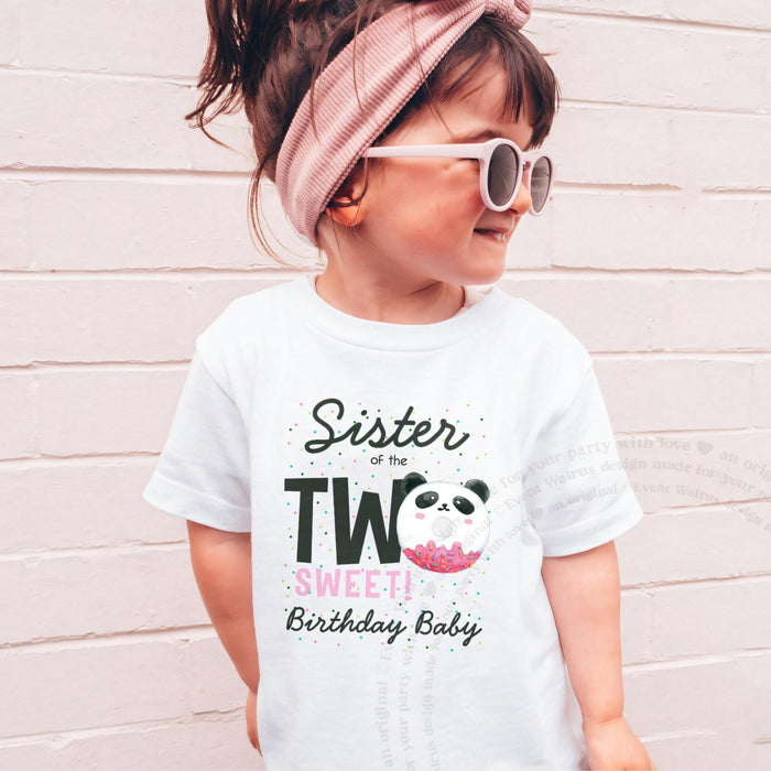 Girl in sunglasses and a pink headband wearing a white Sister of the Two Sweet panda shirt.