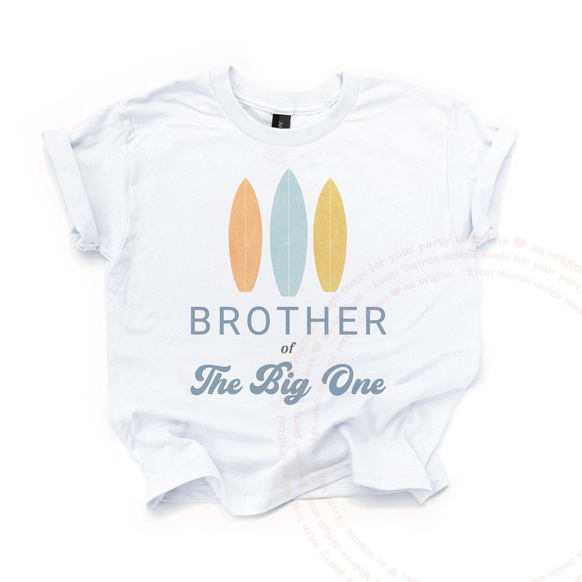 White kids Brother of The Big One tee with three pastel surfboards, laid flat.