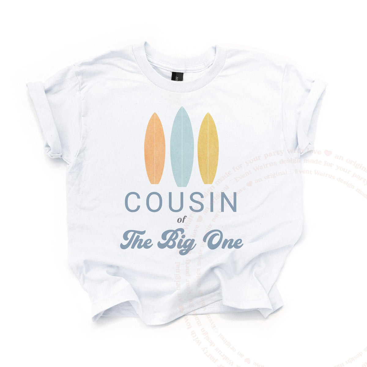 White kids Cousin of The Big One tee with orange, blue and yellow surfboards.