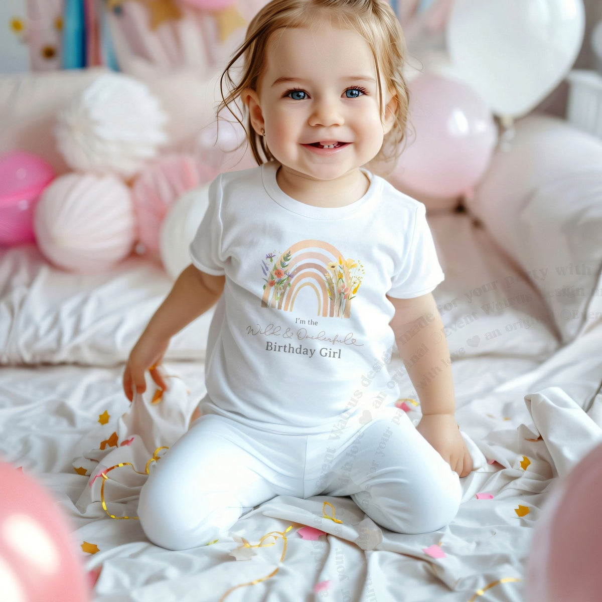 Toddler girl among pink balloons in a white I'm the Wild and Onederful Birthday Girl shirt.