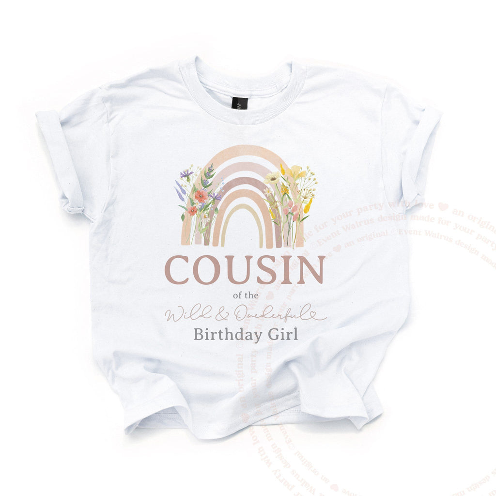 White kids Cousin of the Wild and Onederful Birthday Girl tee, laid flat.