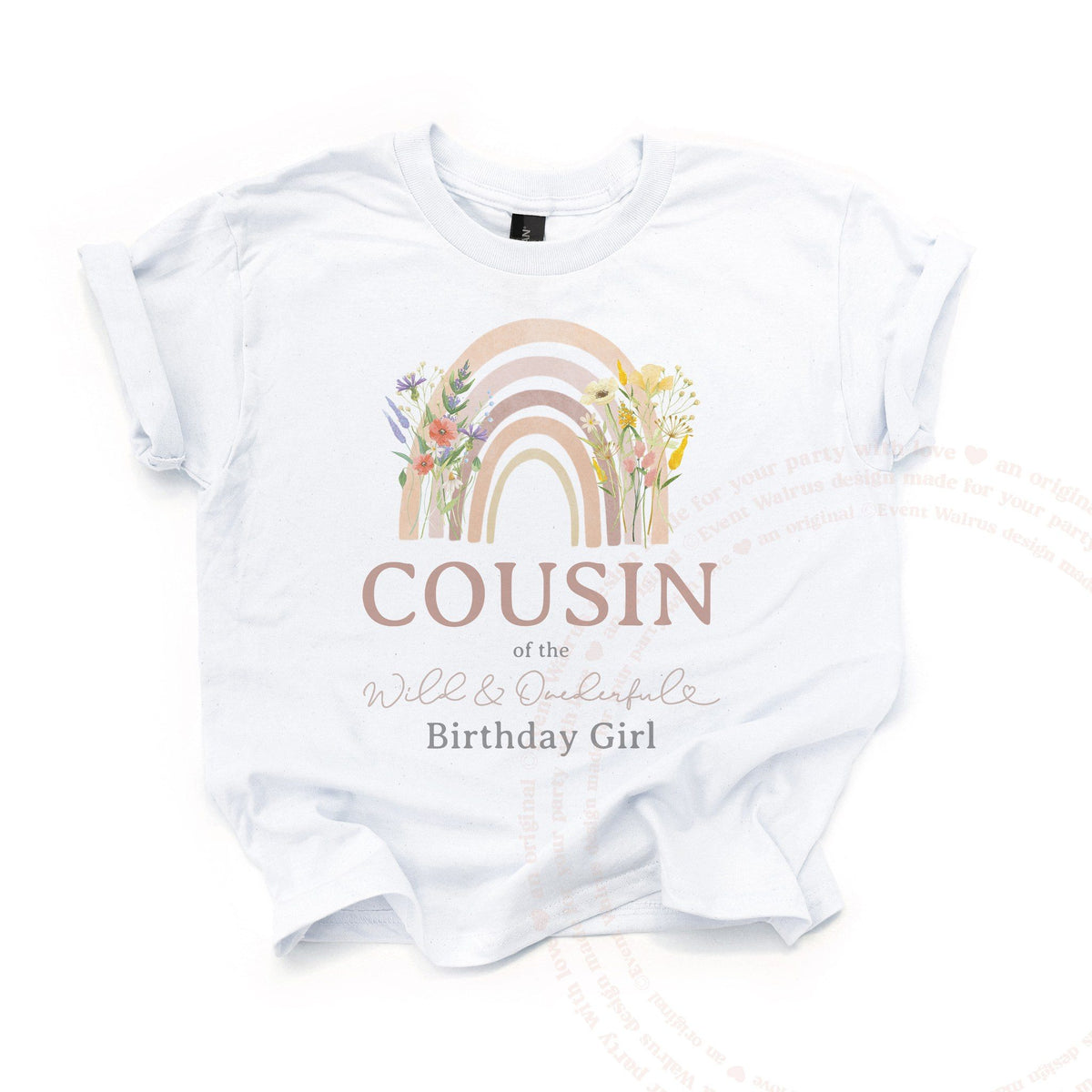 White kids Cousin of the Wild and Onederful Birthday Girl tee, laid flat.