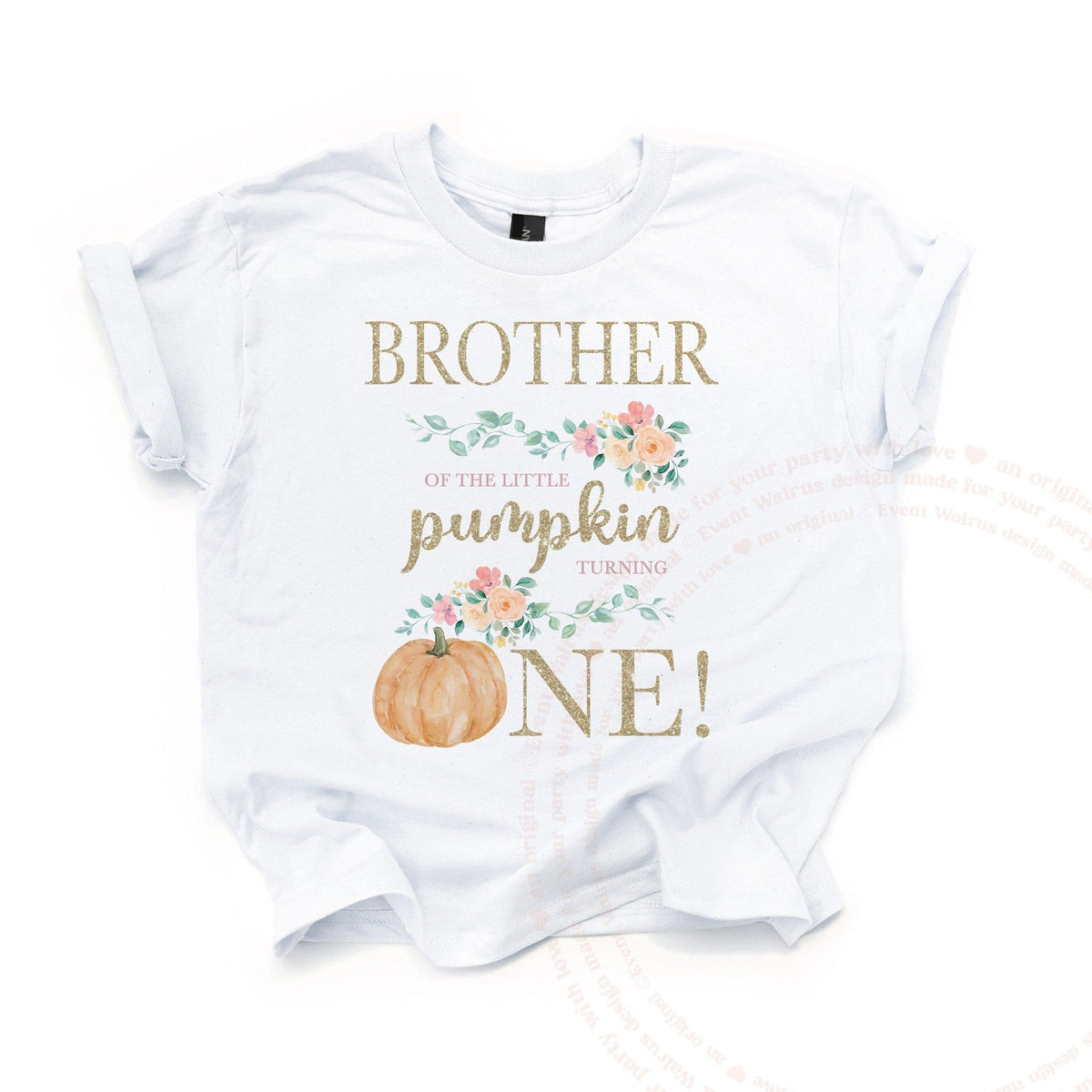 White Brother of the Little Pumpkin kids tee laid flat, with the peach pumpkin and gold glitter ONE.