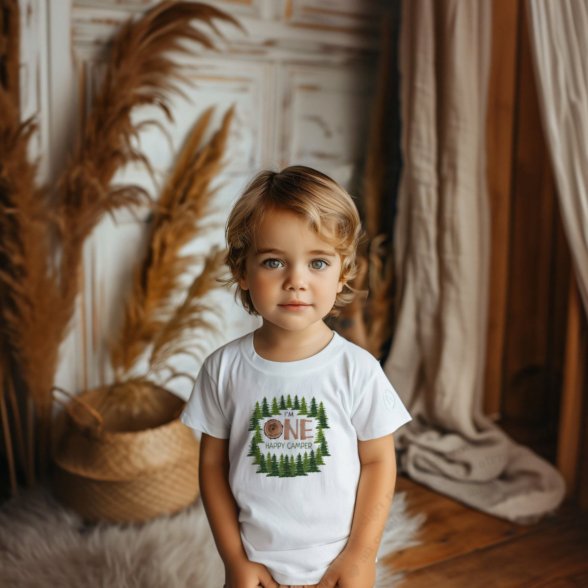 Toddler boy in a white I'm One Happy Camper tee with a wood slice ONE and pine trees.