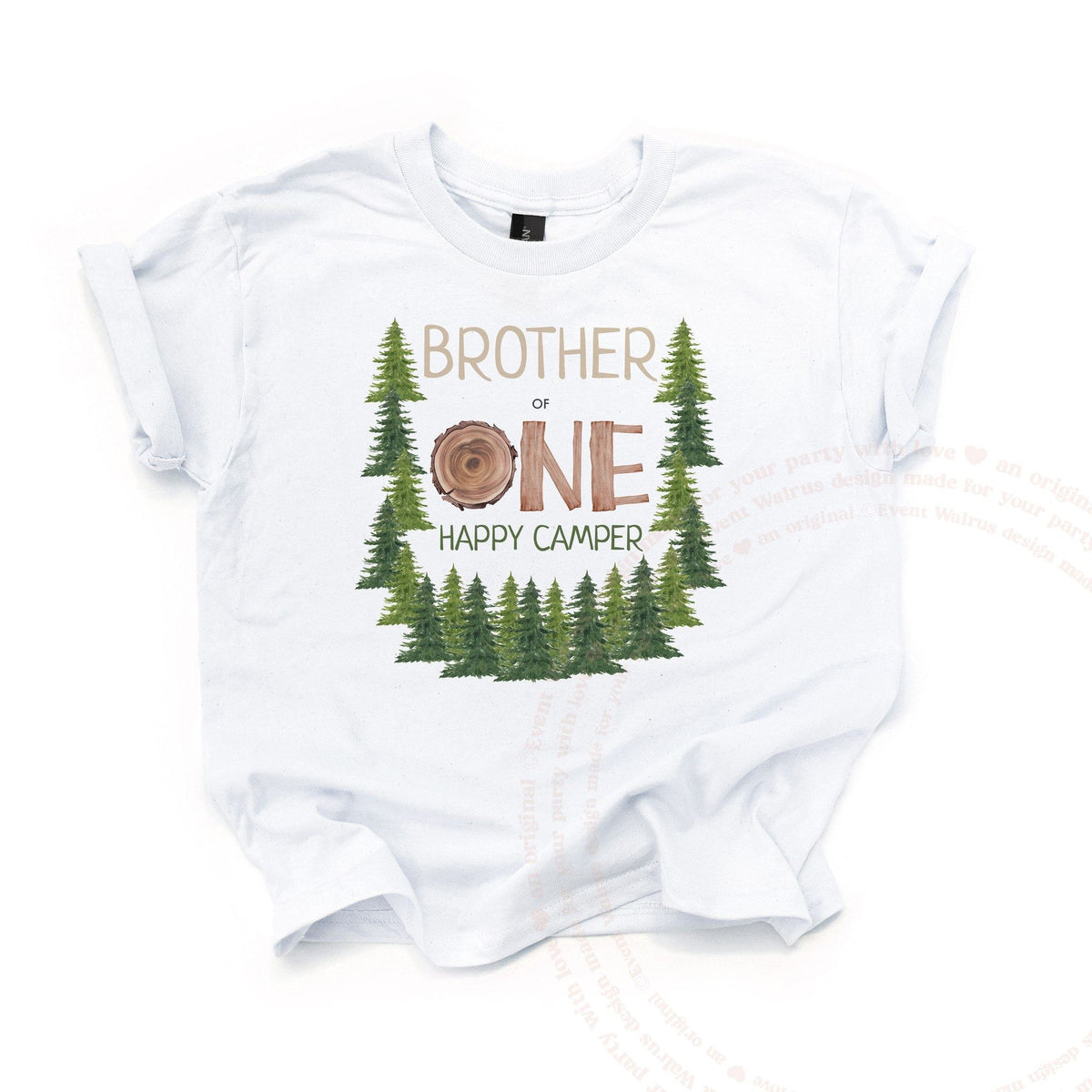 White Brother One Happy Camper kids tee laid flat, with the wood slice ONE in a ring of pines.