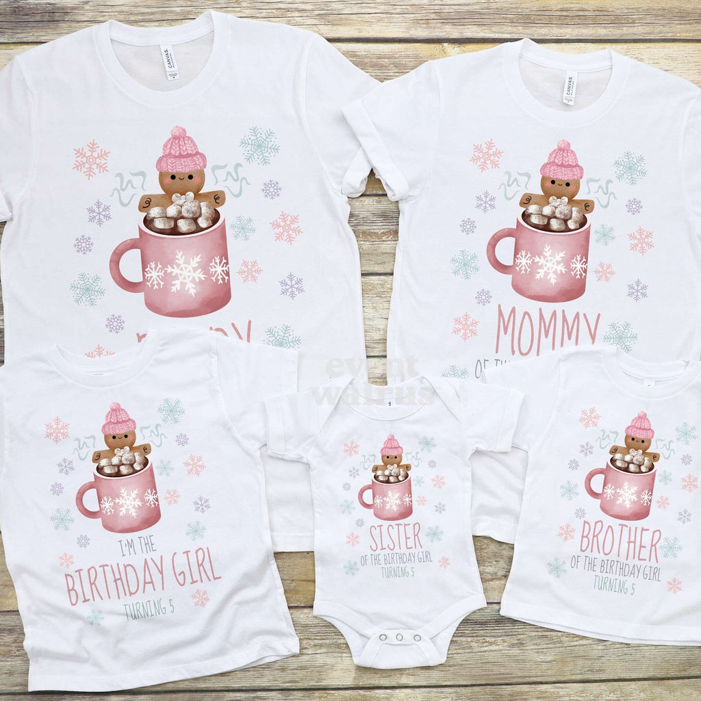 Daddy, Mommy, Birthday Girl, Sister and Brother pink Cookies and Cocoa shirts on wood.