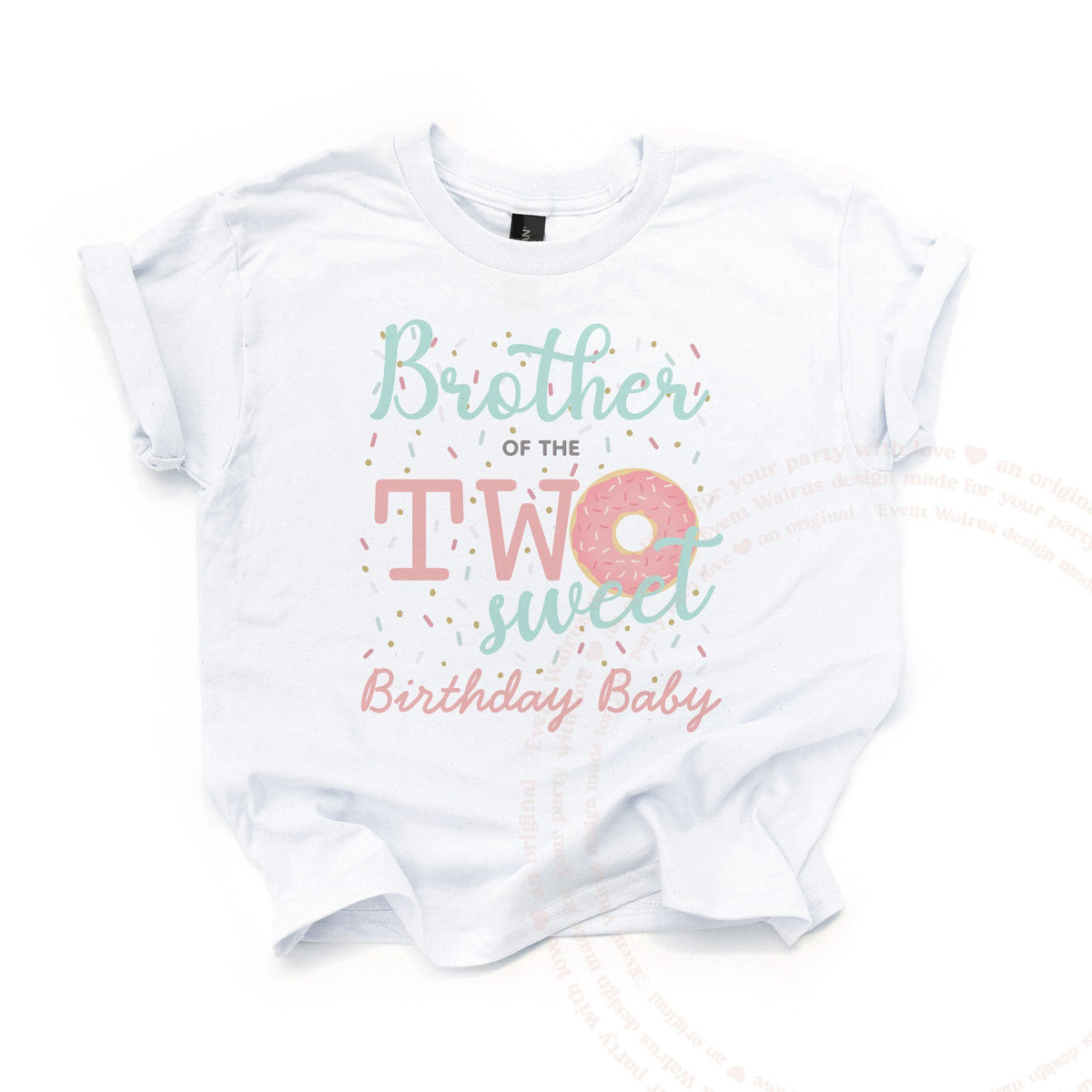 White Brother of the Two Sweet kids tee laid flat, with the pink donut and aqua script.