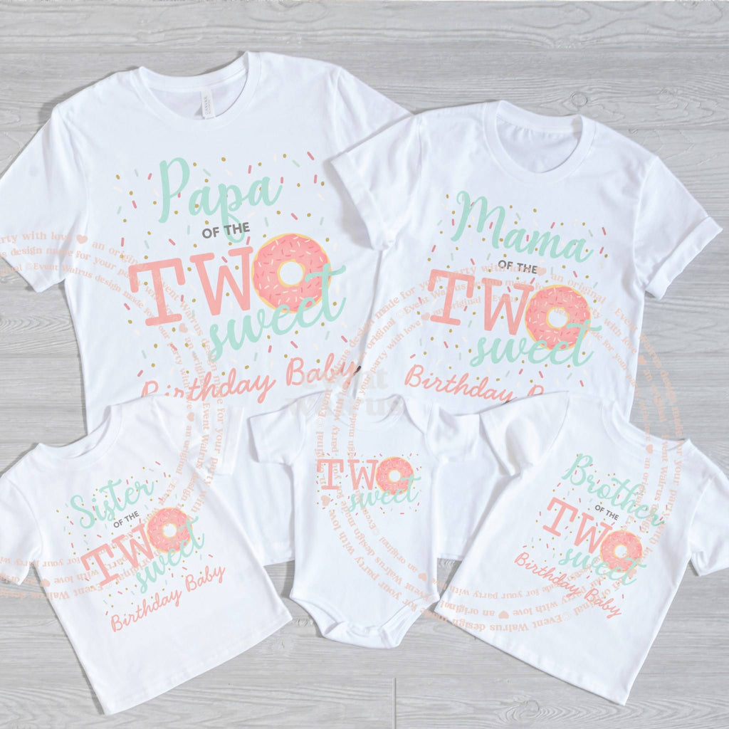 Papa, Mama, Sister, Brother and baby Two Sweet donut shirts laid out on gray wood.