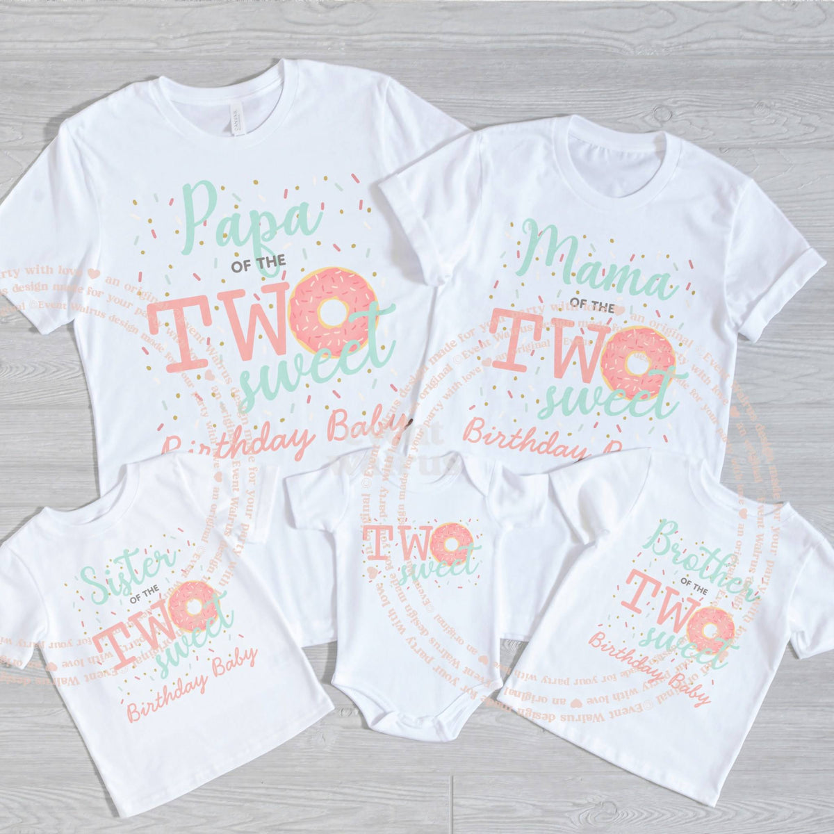 Papa, Mama, Sister, Brother and baby Two Sweet donut shirts laid out on gray wood.