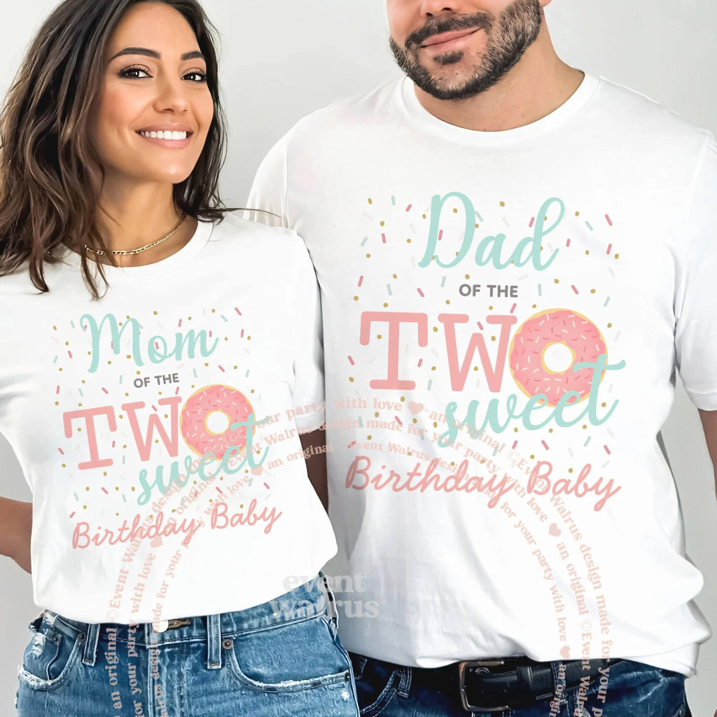 Mom and Dad smiling in white Mom and Dad of the Two Sweet Birthday Baby shirts.