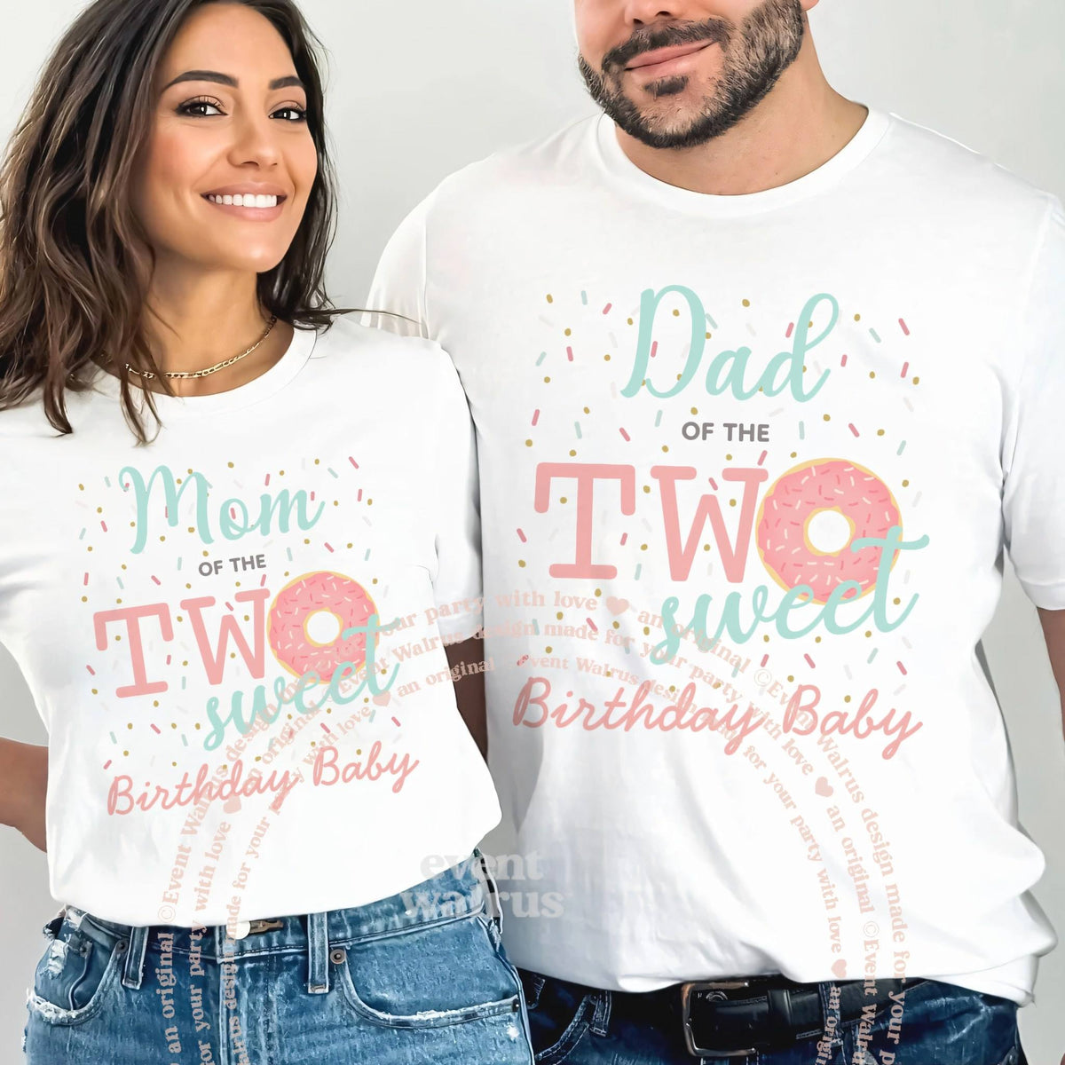 Mom and Dad smiling in white Mom and Dad of the Two Sweet Birthday Baby shirts.