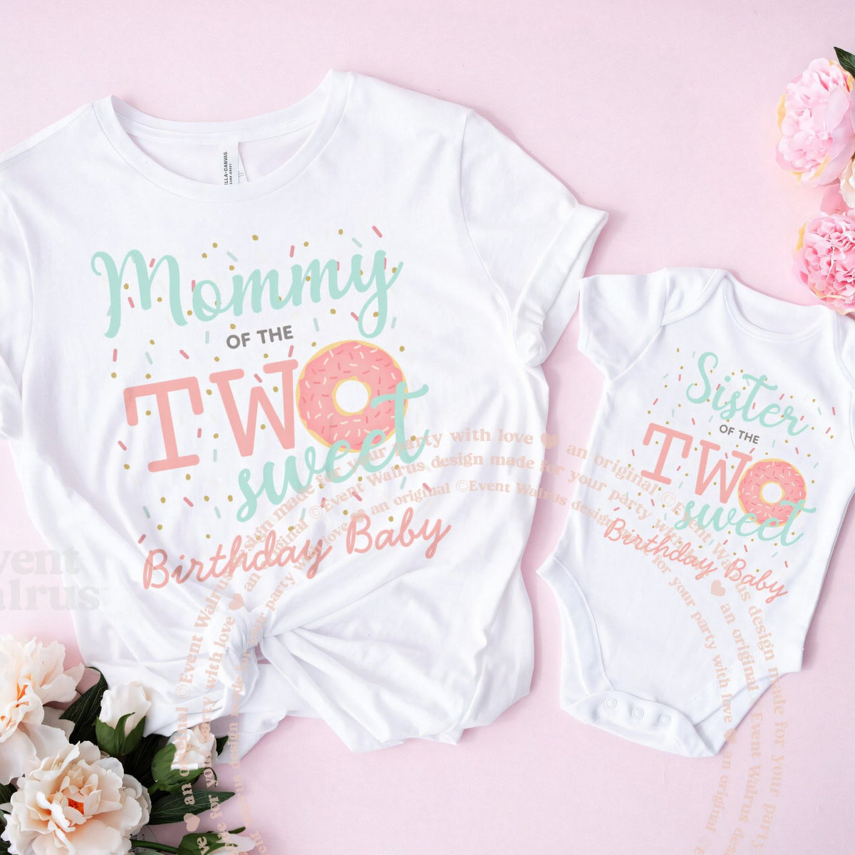 White Mommy of the Two Sweet tee and a Sister bodysuit on pink with peonies.