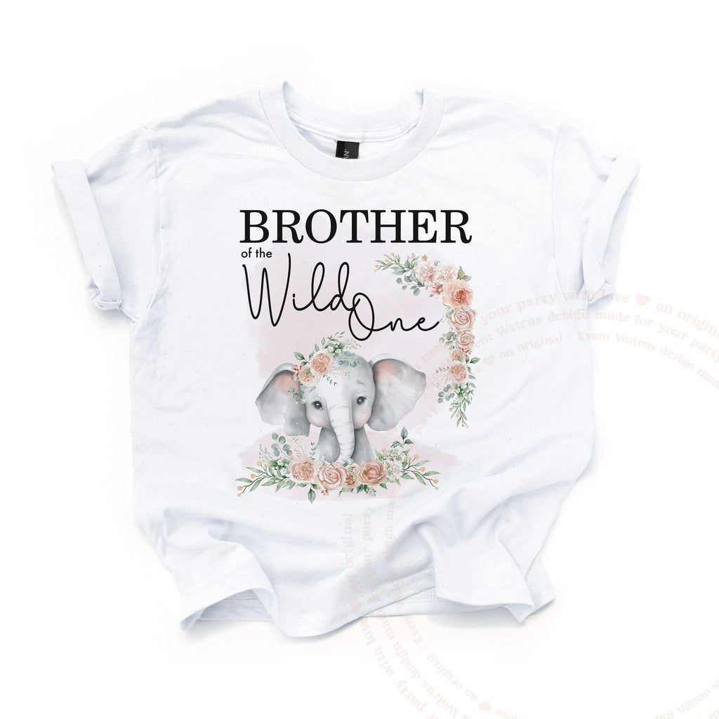 White Brother of the Wild One kids tee laid flat, with the watercolor elephant and blush roses.