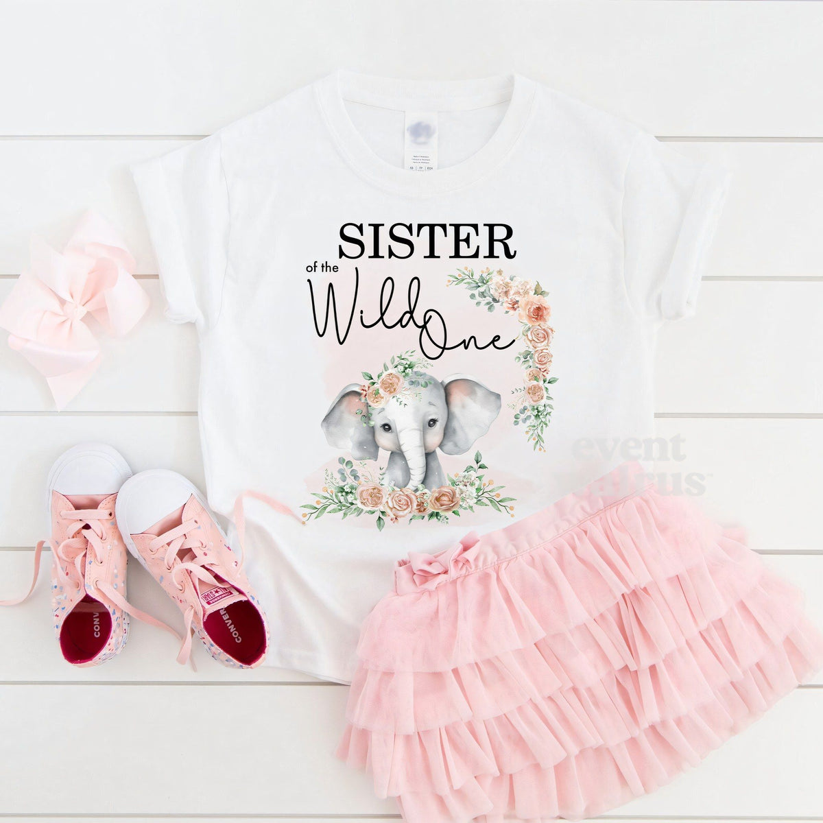 White Sister of the Wild One toddler tee laid flat with a pink ruffled tutu and sneakers.