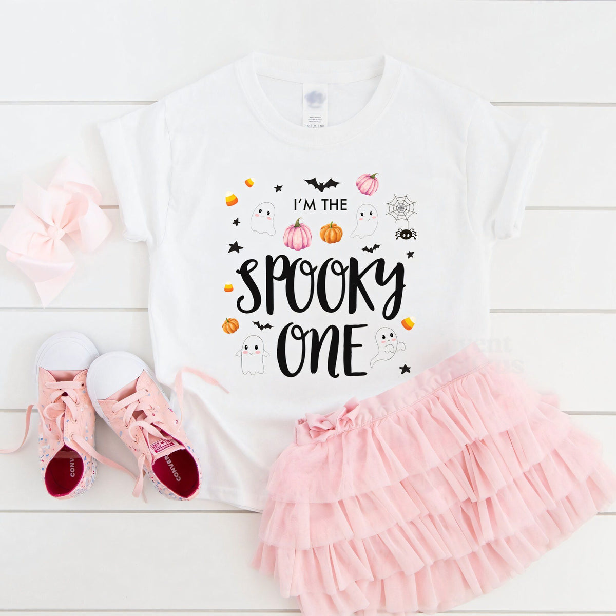 White I'm the Spooky One toddler tee laid flat with a pink tutu and sneakers.