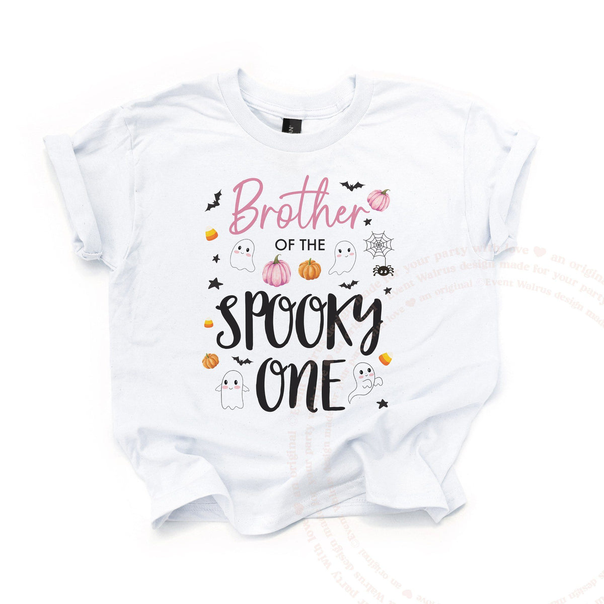 White Brother of the Spooky One kids tee laid flat, with ghosts, bats and pink pumpkins.