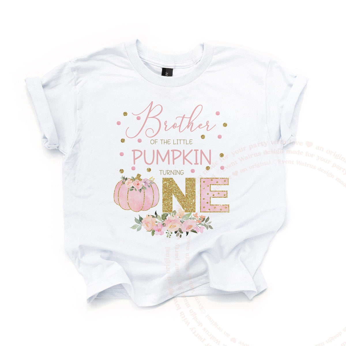 White Brother of the Little Pumpkin kids tee laid flat, with the pink pumpkin and gold glitter ONE.