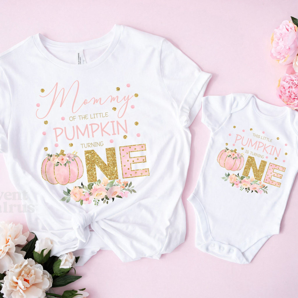 White Mommy of the Little Pumpkin tee and the baby bodysuit on pink with peonies.