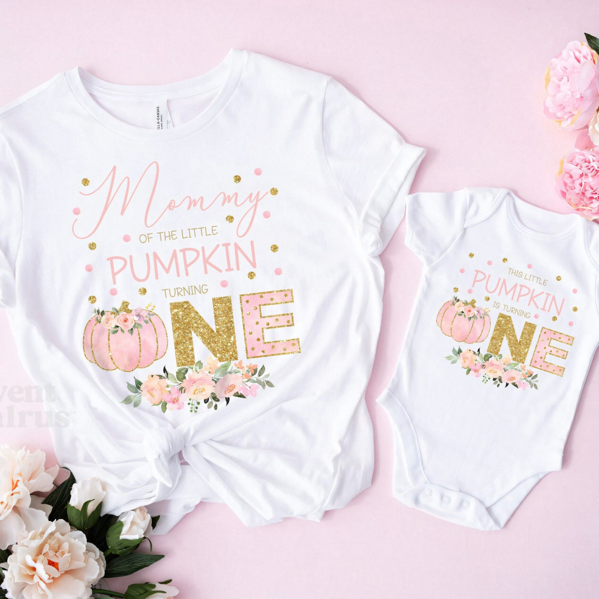 White Mommy of the Little Pumpkin tee and the baby bodysuit on pink with peonies.
