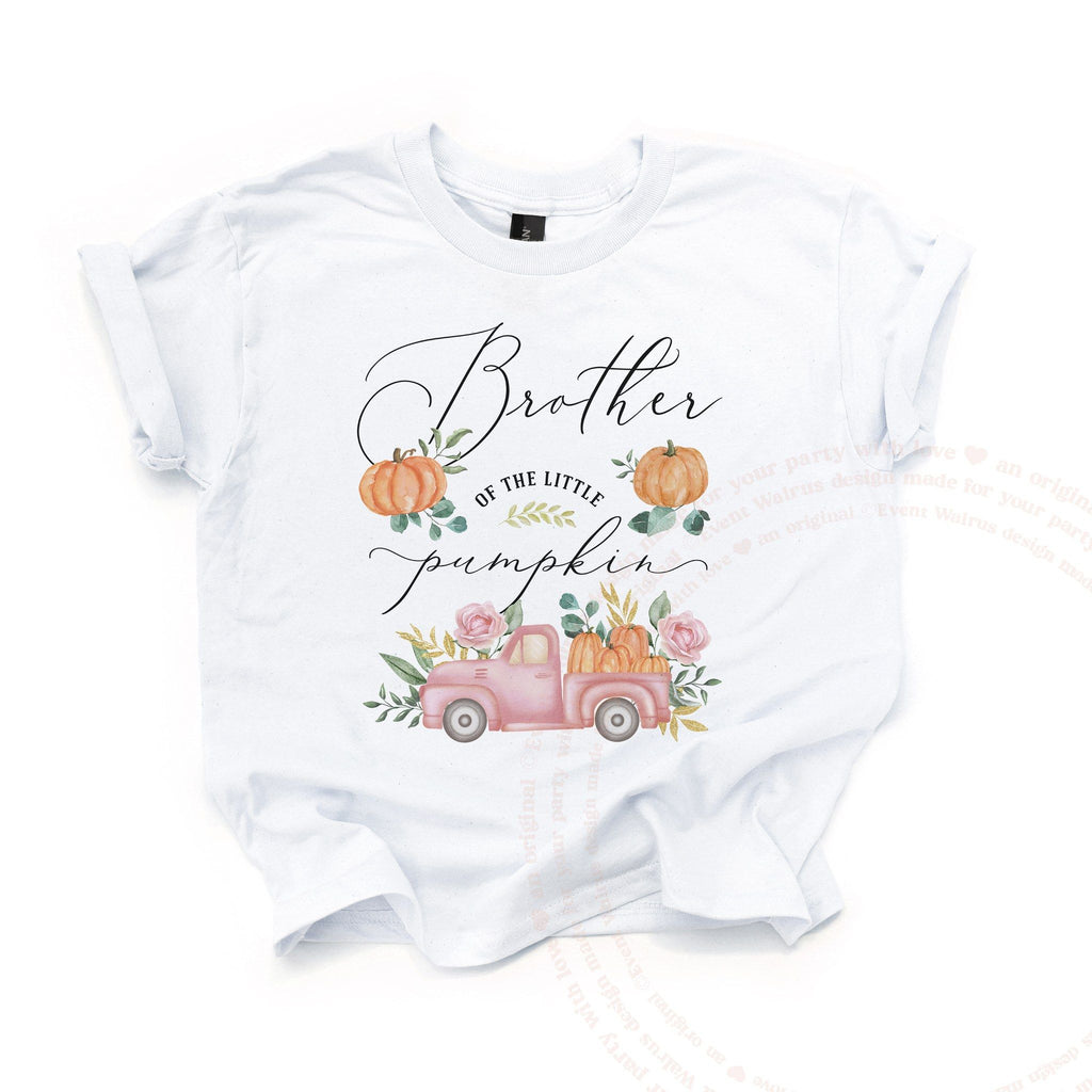 White Brother of the Little Pumpkin kids tee laid flat, with the pink pickup, roses and pumpkins.