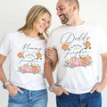 Mom and Dad laughing together in white Mommy and Daddy pink pickup Little Pumpkin shirts.