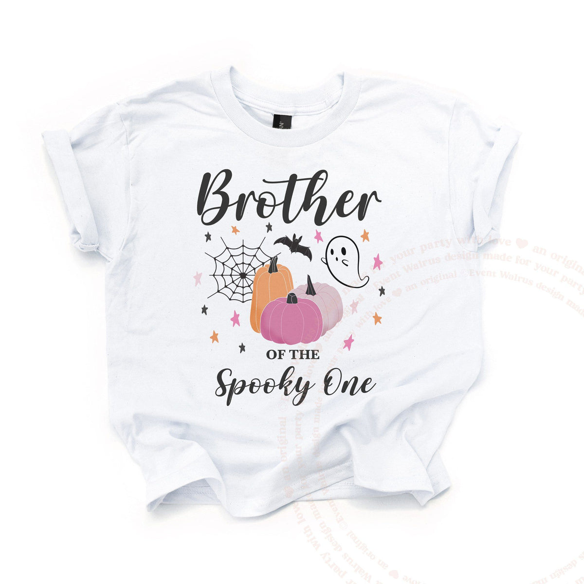 White Brother of the Spooky One kids tee laid flat, with pink pumpkins, a ghost and a spider web.