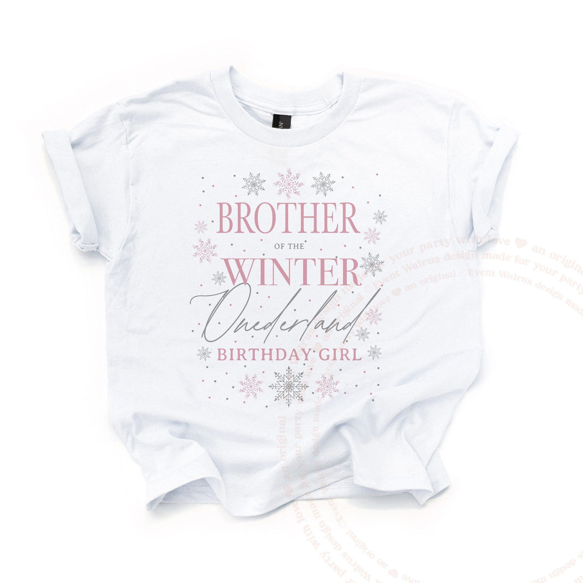 White Brother of the Winter Onederland kids tee laid flat, with pink lettering and silver snowflakes.