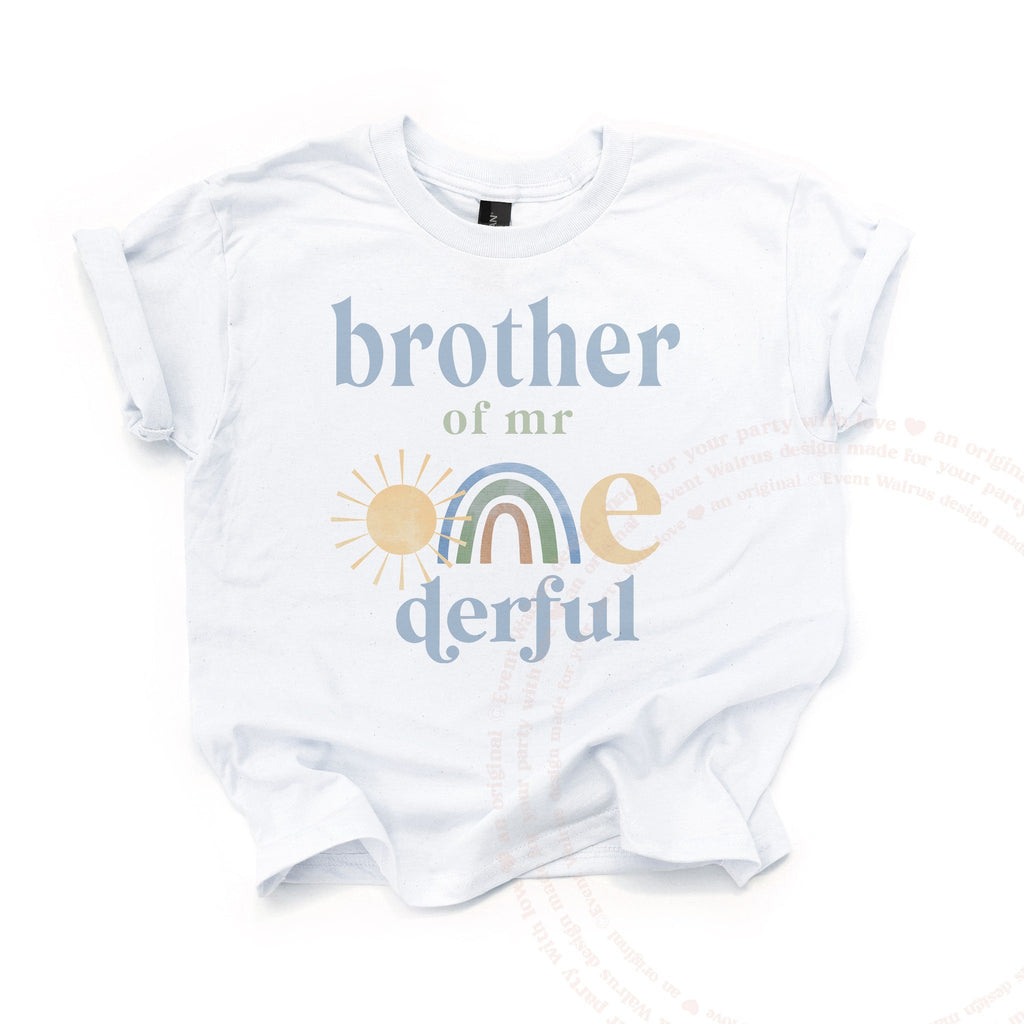 White Brother of Mr Onederful kids tee laid flat, with the sun and pastel rainbow ONE.