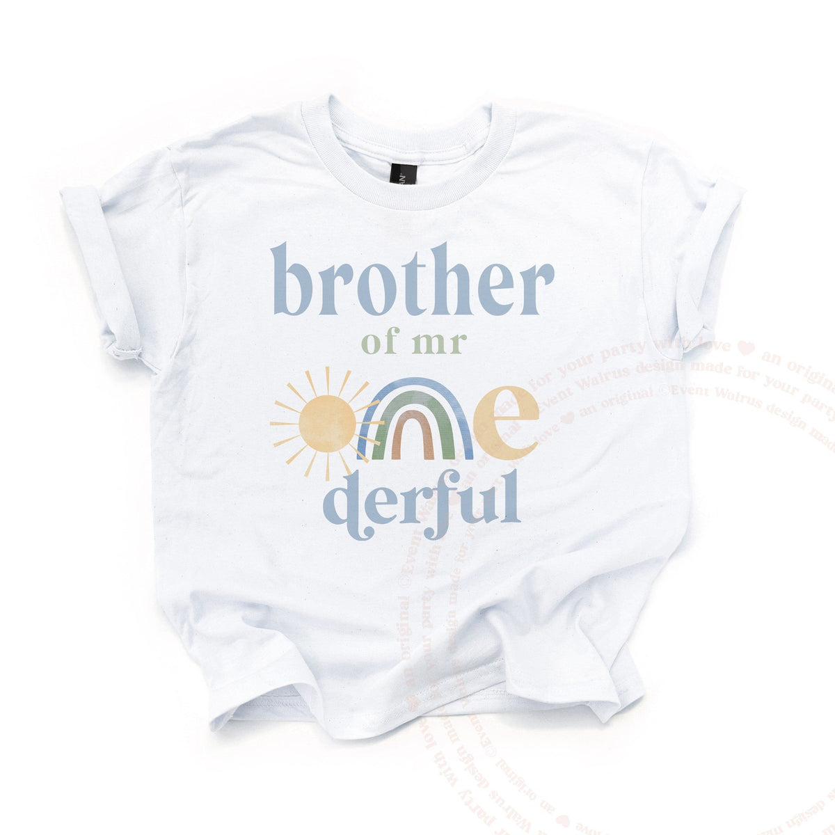 White Brother of Mr Onederful kids tee laid flat, with the sun and pastel rainbow ONE.