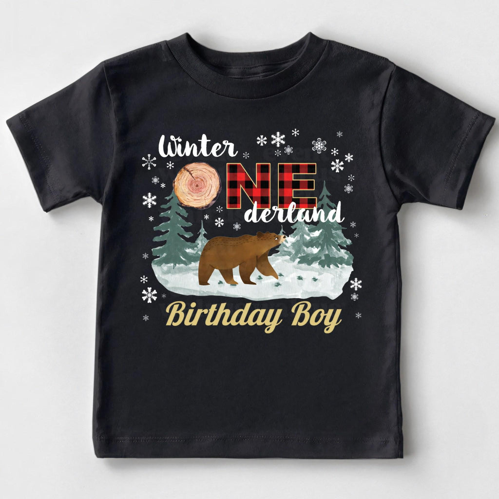 Black toddler Winter Onederland Birthday Boy tee with a bear and red plaid ONE.