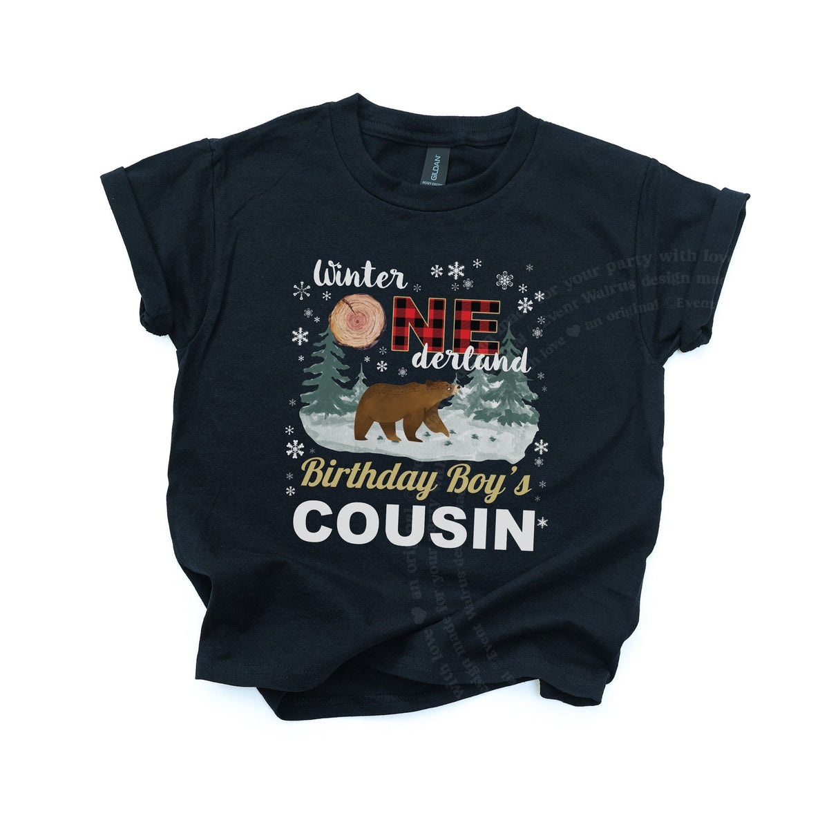 Black kids Birthday Boy's Cousin tee with a bear and red plaid ONE, laid flat.