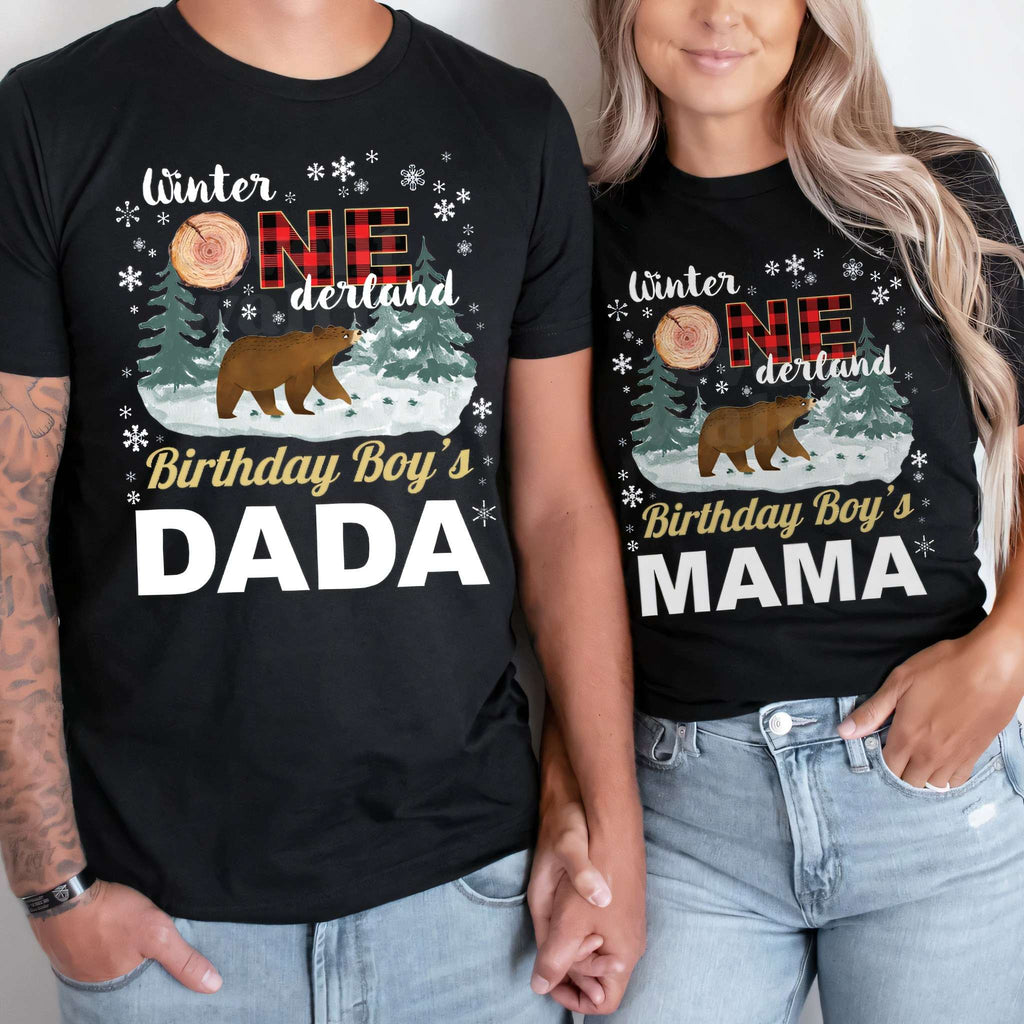 Dad and Mom in black Winter Onederland Birthday Boy's Dada and Mama shirts with a red plaid ONE.