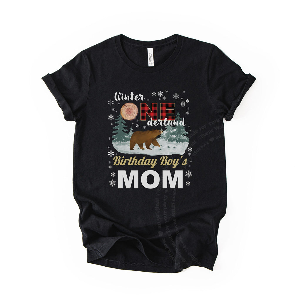 Black Winter Onederland Birthday Boy's Mom tee with a bear and red plaid ONE, laid flat.