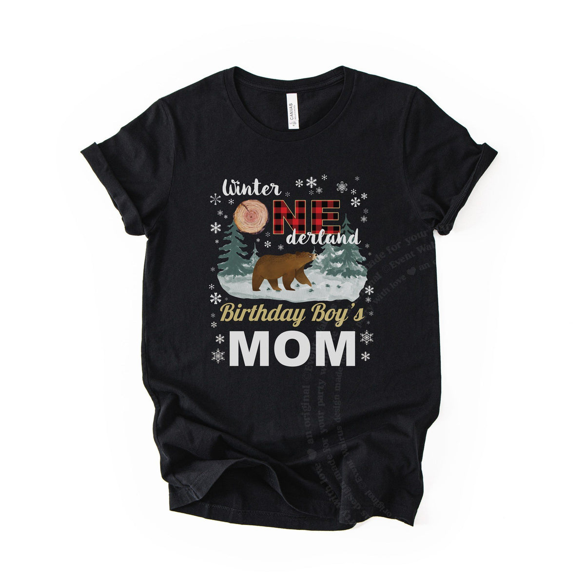 Black Winter Onederland Birthday Boy's Mom tee with a bear and red plaid ONE, laid flat.