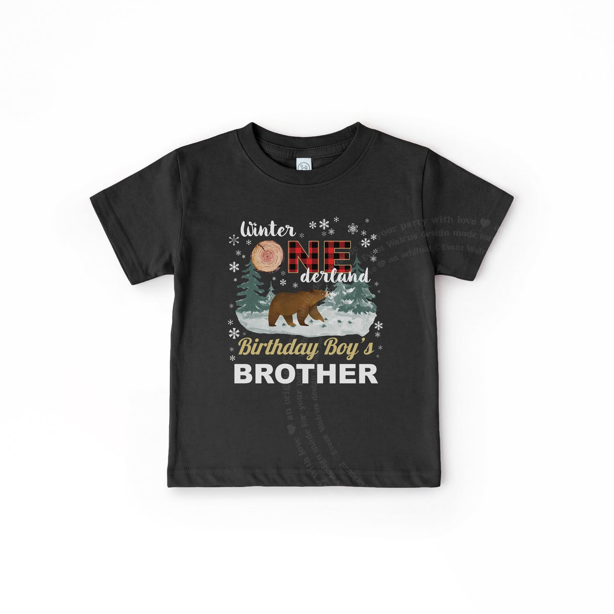 Black toddler Birthday Boy's Brother tee with the woodland bear, laid flat.