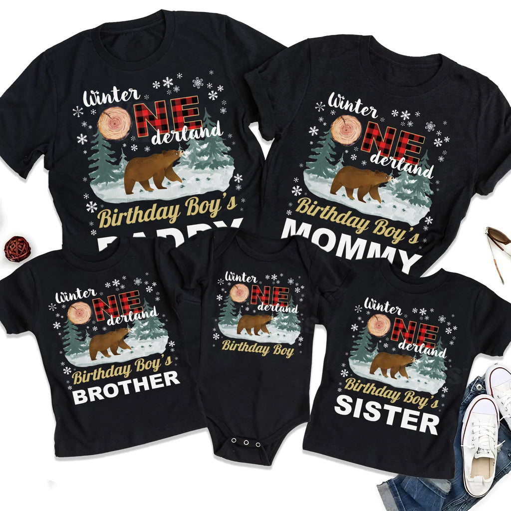 Black birthday boy, Brother and Sister tees laid out with Daddy and Mommy shirts.