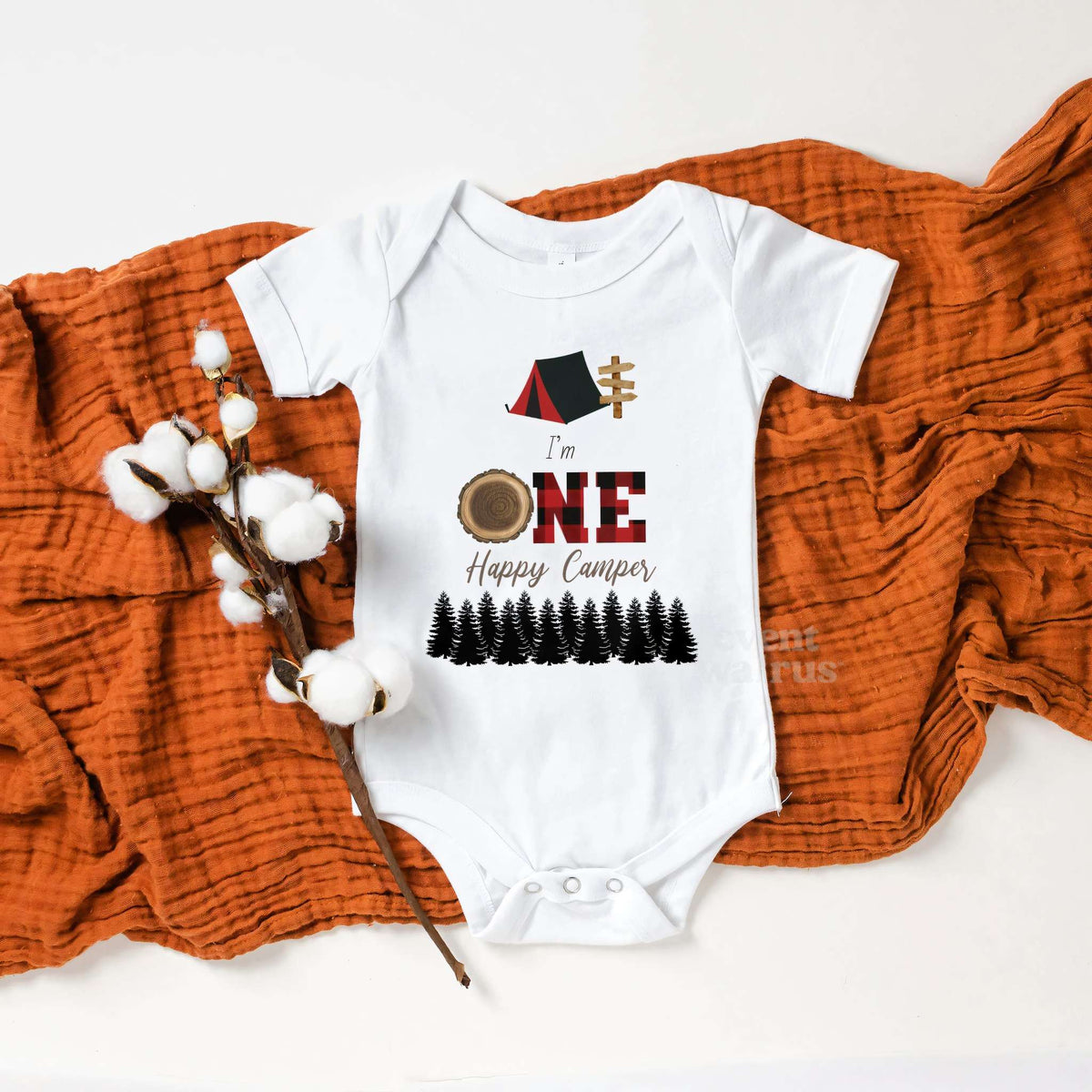White I'm One Happy Camper bodysuit on a rust blanket with cotton stems.