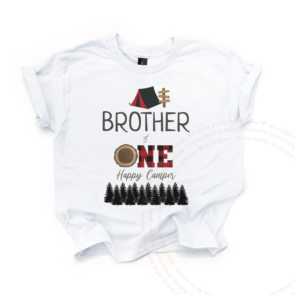 White Brother of One Happy Camper kids tee laid flat, with a red tent, plaid ONE and black pines.