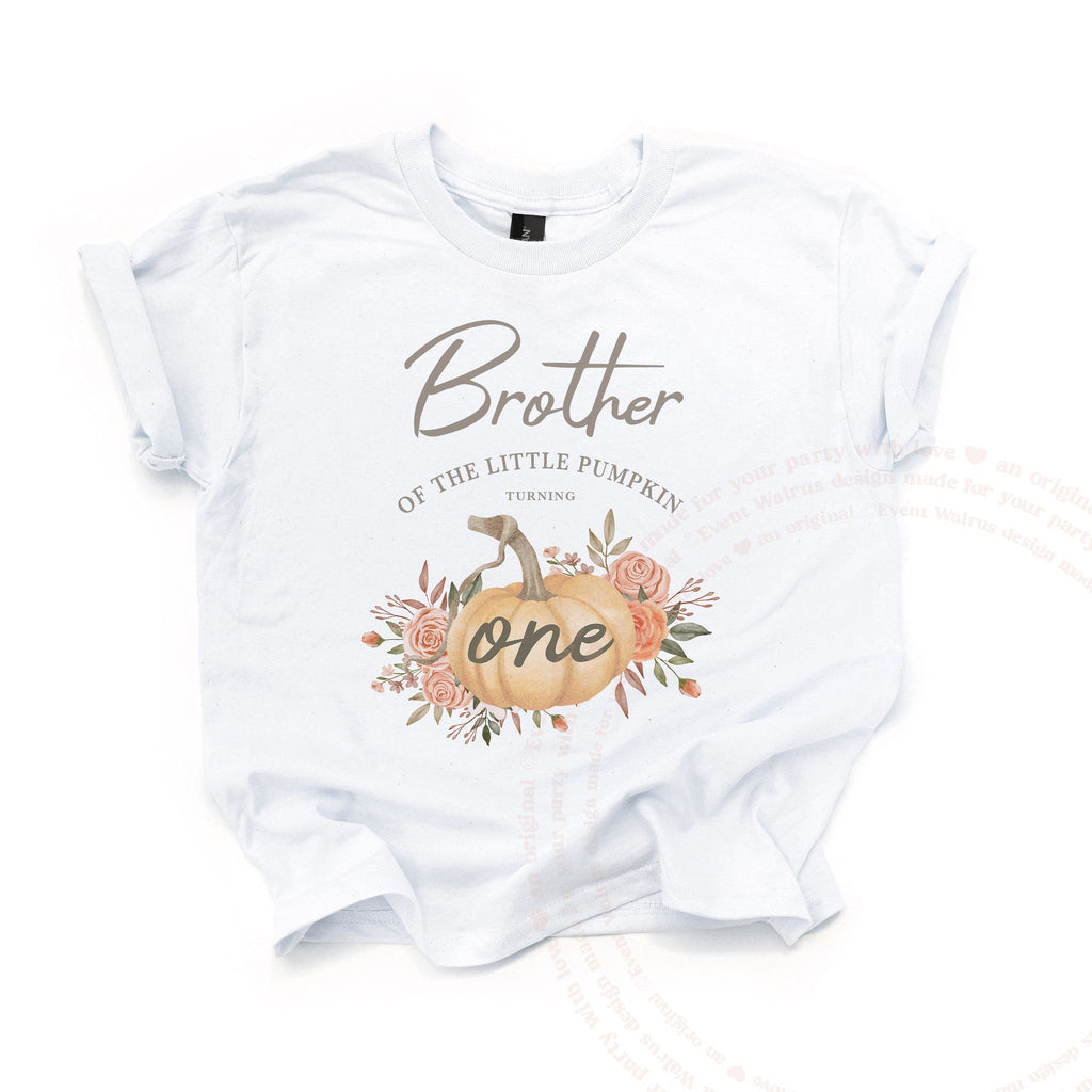 White Brother of the Little Pumpkin kids tee laid flat, with a watercolor pumpkin and peach roses.