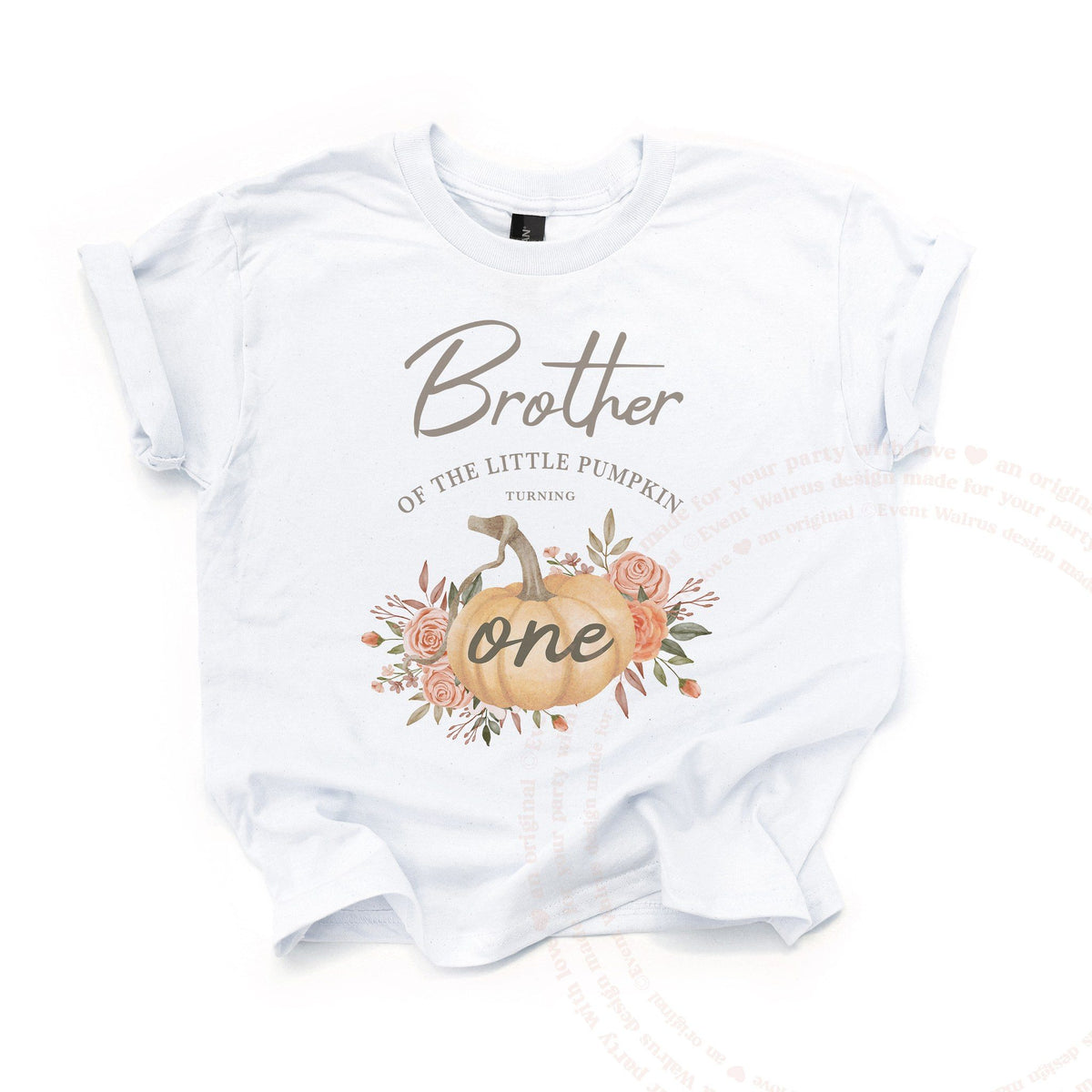 White Brother of the Little Pumpkin kids tee laid flat, with a watercolor pumpkin and peach roses.