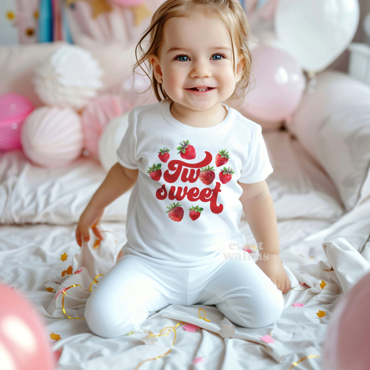 Smiling toddler girl among pink balloons in a white strawberry Two Sweet tee.