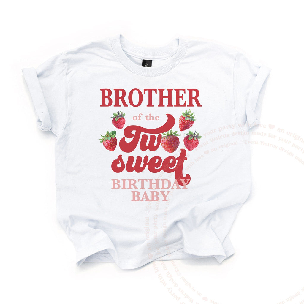 White Brother of the Two Sweet kids tee laid flat, with retro red script and strawberries.