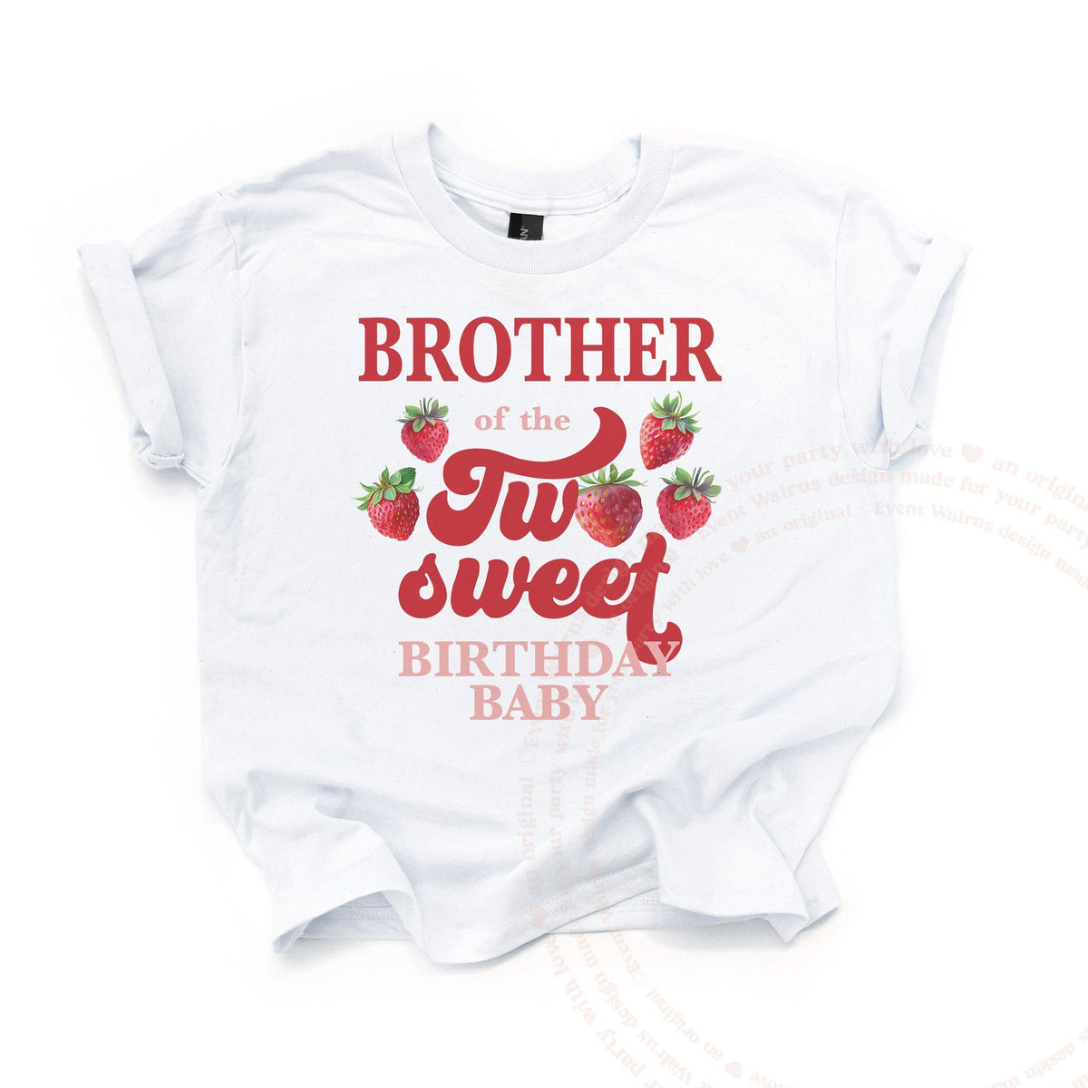 White Brother of the Two Sweet kids tee laid flat, with retro red script and strawberries.